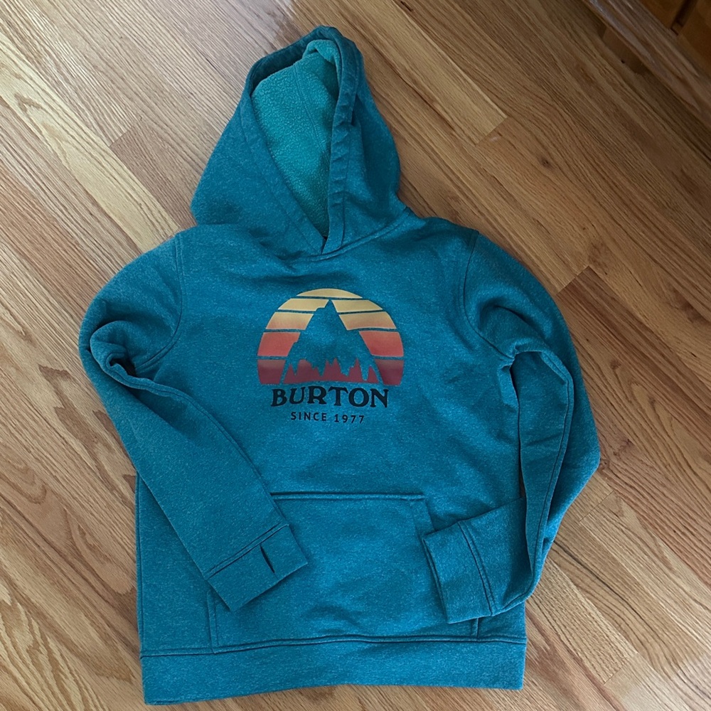 Burton Teal Hoodie with Sunset Mountain Design